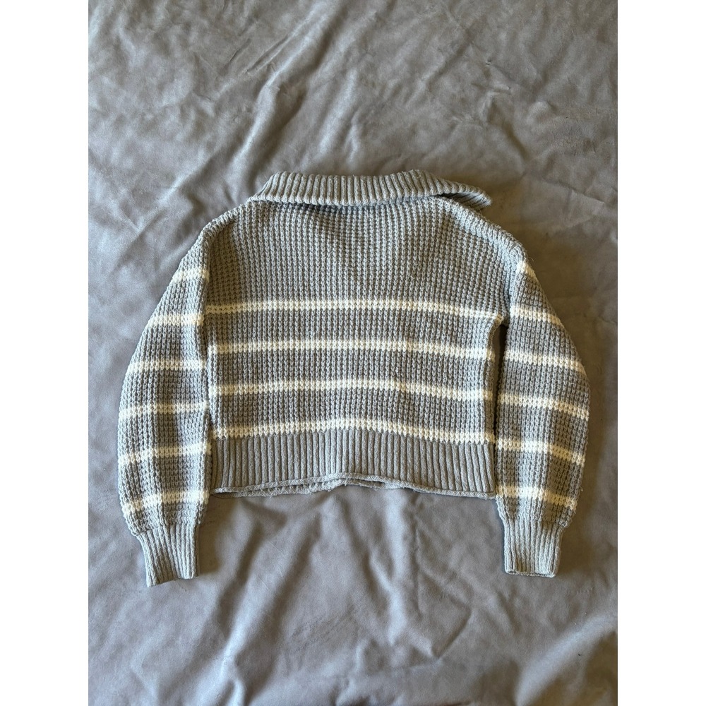 SO Goods For Life Grey White Striped Waffle Knit Quarter Zip Pullover Sweater M - Picture 2 of 3
